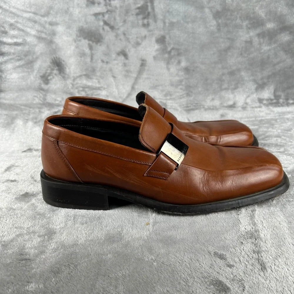 Kenneth Cole New York Mens Leather Loafers Cognac Brown Square Toe Size 11
